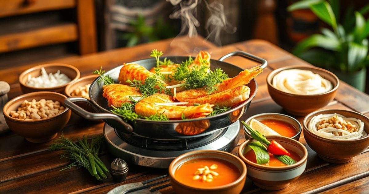 Một bàn ăn Chả cá Lã Vọng ấm cúng với chảo cá đang sôi nóng hổi, tỏa hương thơm lừng, được bao quanh bởi đĩa bún tươi, lạc rang giã dập và bát mắm tôm pha chuẩn vị, cùng nhiều rau thì là và hành lá xanh mướt sẵn sàng để thêm vào.