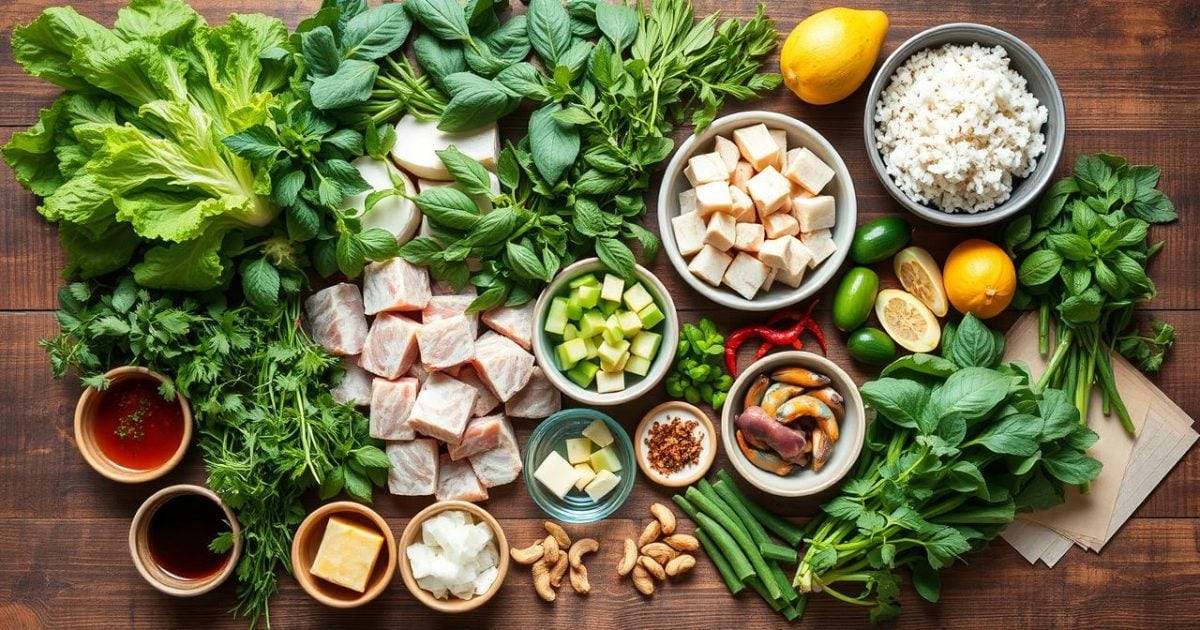 Một bàn gỗ mộc mạc bày trí đẹp mắt với đầy đủ nguyên liệu tươi ngon để làm món nem nướng Nha Trang, bao gồm các loại rau sống xanh mướt, thịt heo tươi, gia vị và các thành phần đặc trưng khác, sẵn sàng cho công đoạn chế biến.