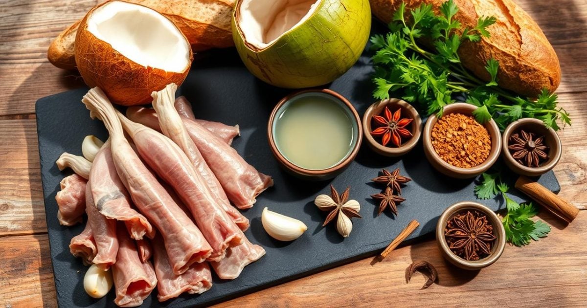 Một bộ sưu tập nguyên liệu tươi ngon được chuẩn bị tỉ mỉ để chế biến món phá lấu bò, bao gồm lòng bò, dừa tươi, tỏi, hành, gừng, ớt, và các loại gia vị đặc trưng như ngũ vị hương, hoa hồi, quế, đinh hương, cùng rau răm và bánh mì. Tất cả được sắp xếp gọn gàng trên bàn gỗ mộc, toát lên vẻ đẹp mộc mạc và hương vị truyền thống.