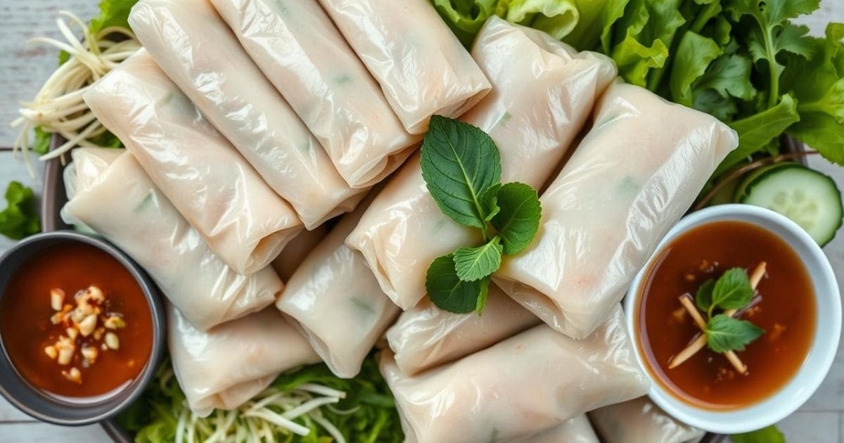 Một đĩa bánh cuốn nóng được bày biện đẹp mắt từ góc nhìn từ trên xuống. Những cuốn bánh mềm mượt xếp gọn gàng, xen kẽ với các loại rau sống tươi ngon như xà lách, rau thơm, giá đỗ và dưa chuột thái mỏng. Bên cạnh là chén nước chấm đậm đà, điểm thêm tỏi ớt băm nhuyễn, tạo nên một bữa ăn hấp dẫn và đầy đủ hương vị.