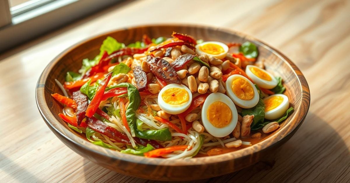 Một đĩa bánh tráng trộn Sài Gòn tươi ngon đầy màu sắc với sợi bánh tráng dẻo, xoài xanh bào, khô bò, tép sấy, rau răm, trứng cút, hành phi và đậu phộng, tất cả được phủ sốt đậm đà và sẵn sàng để thưởng thức.