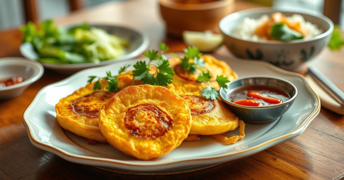 Một đĩa chả rươi chiên vàng ruộm, thơm lừng, được bày biện hấp dẫn với rau mùi và ớt tươi, cùng chén nước mắm chua ngọt đậm đà, sẵn sàng để thưởng thức trong một không gian ẩm thực truyền thống ấm cúng.
