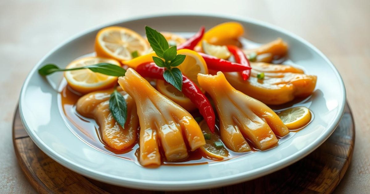 Một đĩa chân gà ngâm sả tắc giòn ngon, thấm vị, được bày trí đẹp mắt với các lát tắc, ớt tươi, sả và lá chanh xanh, đặt trên bàn gỗ mộc mạc, mời gọi người thưởng thức.