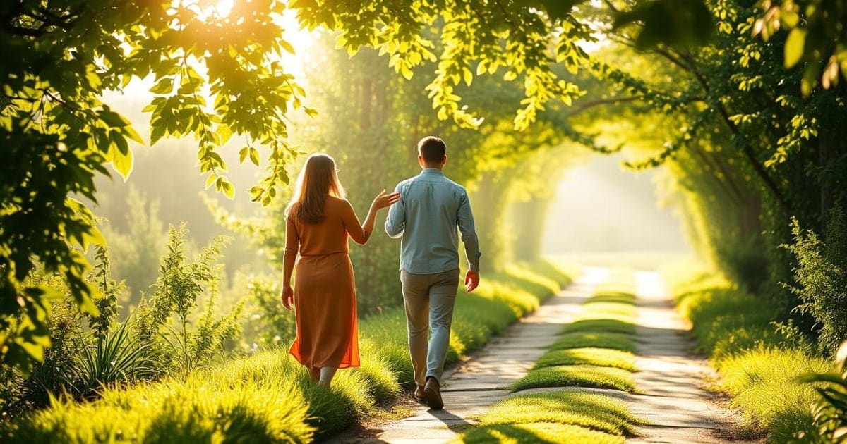 Một khu vườn yên bình với ánh nắng sớm dịu dàng xuyên qua những tán lá xanh mướt, chiếu sáng con đường lát đá. Hai nhân vật đang trò chuyện một cách thân tình, thể hiện sự lắng nghe và thấu hiểu lẫn nhau, tạo nên một bầu không khí ấm áp và kết nối.