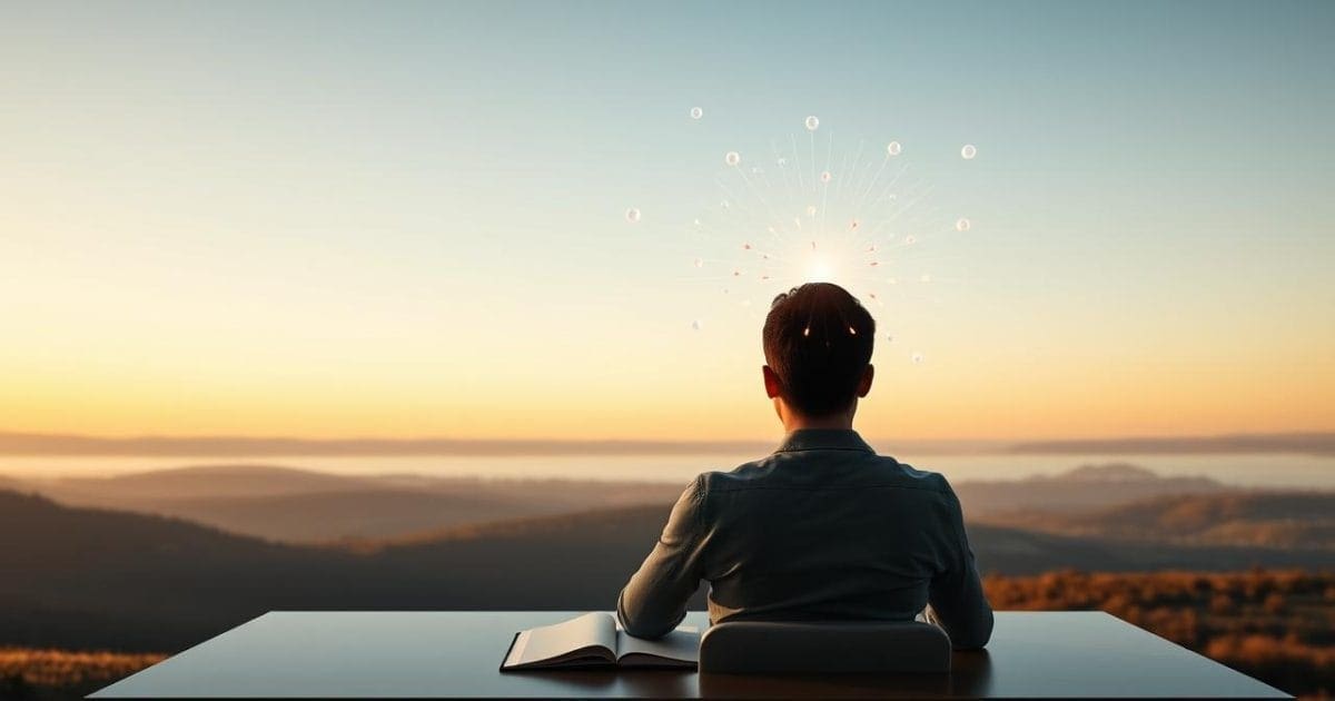 Một người đang làm việc tại bàn làm việc gọn gàng, nhìn ra khung cảnh bình yên của hồ nước hoặc đồi núi vào buổi bình minh. Bàn làm việc có sổ tay và máy tính bảng hiển thị danh sách công việc rõ ràng. Xung quanh đầu người đó, những dòng suy nghĩ hỗn loạn dần biến thành những tia sáng có cấu trúc, tượng trưng cho sự tập trung và ngăn nắp tinh thần, tạo cảm giác thanh bình và hiệu quả.