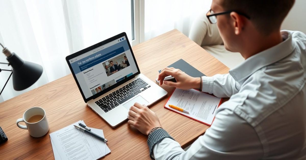 Một người đang ngồi tại bàn làm việc, chăm chú nghiên cứu thông tin công ty và vị trí ứng tuyển trên màn hình laptop, xung quanh là các ghi chú, bút highlight và bản nháp CV, thể hiện sự chuẩn bị kỹ lưỡng và tư duy chiến lược để tạo ra một bản CV được tùy chỉnh hoàn hảo.