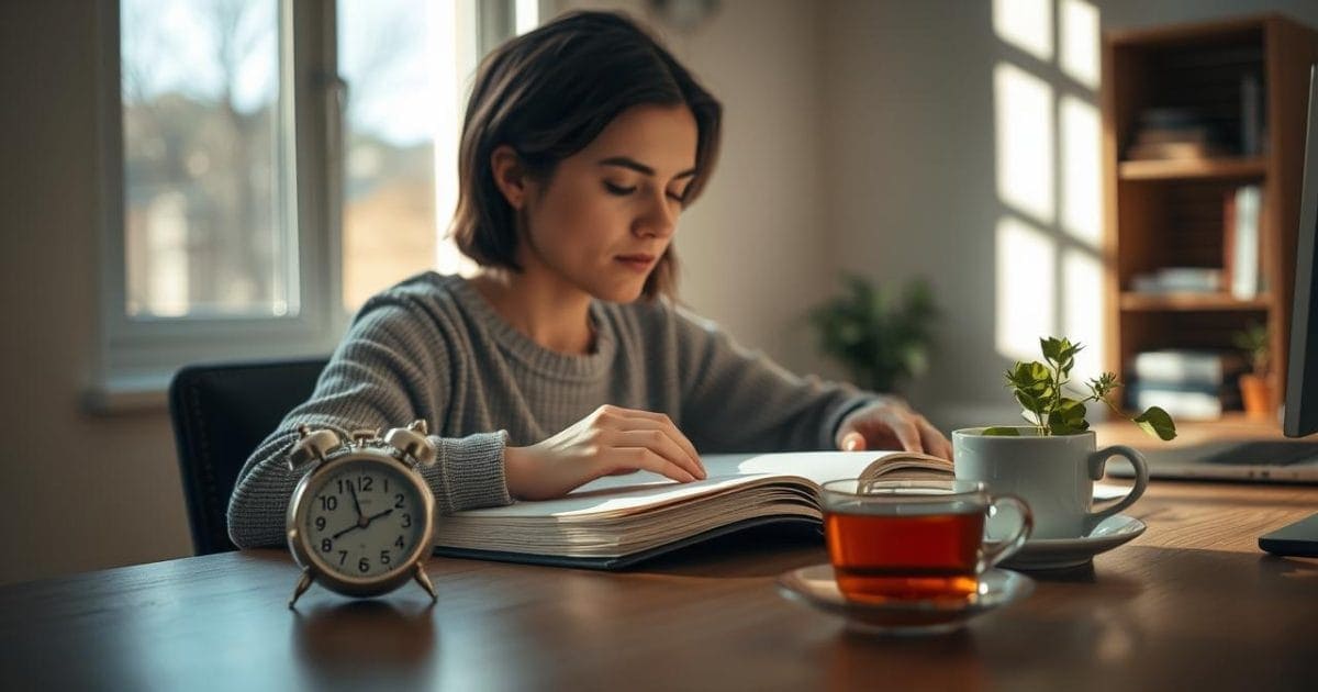 Một người đang tạm nghỉ ngắn sau phiên làm việc tập trung, thư giãn mắt và tâm trí bên cạnh đồng hồ hẹn giờ Pomodoro và tách trà thảo mộc, cho thấy sự cân bằng giữa làm việc và nghỉ ngơi.