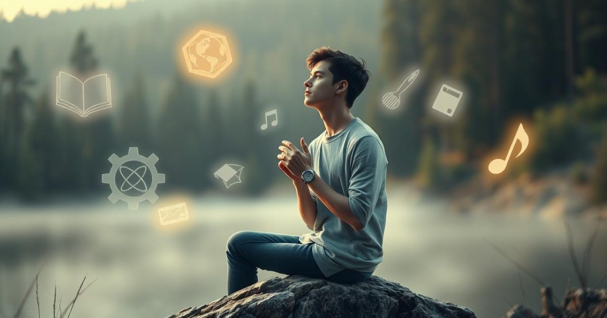 Một người trẻ đang đắm chìm trong suy tư giữa khung cảnh nên thơ, với các biểu tượng về sở thích, kỹ năng và những con đường sự nghiệp đa dạng hiện hữu xung quanh, minh họa cho hành trình tự khám phá và đưa ra quyết định định hướng nghề nghiệp.