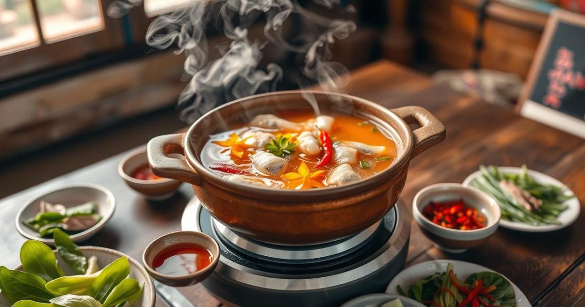 Một nồi lẩu cá linh bông điên điển đang sôi sục, tỏa khói nghi ngút trên bếp đặt tại bàn ăn ấm cúng, bên cạnh là bún tươi, nước chấm cay và các loại rau nhúng tươi ngon, sẵn sàng cho một bữa ăn đậm đà hương vị miền Tây.