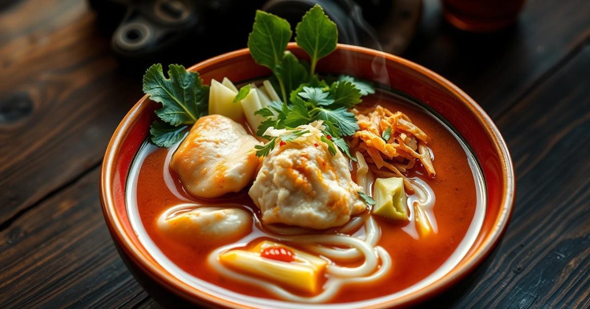 Một tô bánh đa cua Hải Phòng nóng hổi, thơm lừng với nước dùng đậm đà, sợi bánh đa đỏ dai ngon, riêu cua béo ngậy, thịt nạc xào, rau xanh và các loại topping phong phú, điểm xuyết hành phi, tóp mỡ, sẵn sàng cho bạn thưởng thức.