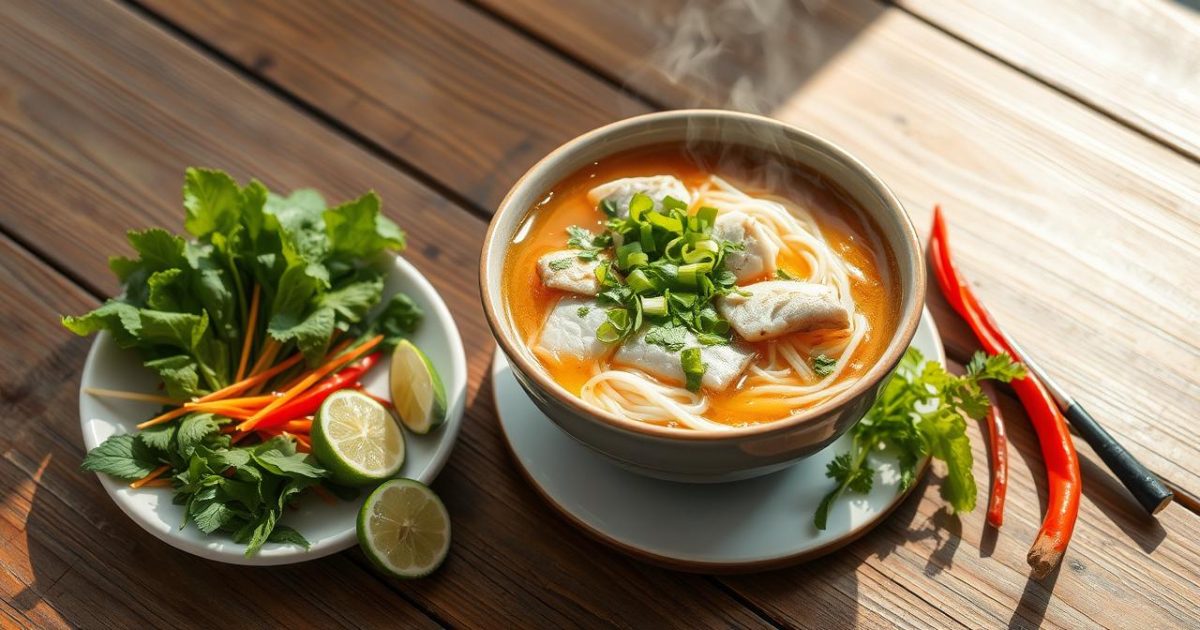 Một tô bún cá Châu Đốc nóng hổi, nghi ngút khói được đặt trên bàn gỗ mộc mạc, bên cạnh là đĩa rau sống xanh tươi, những lát ớt đỏ và lát chanh vàng, tất cả sẵn sàng cho một bữa ăn ngon miệng và chuẩn vị miền Tây.