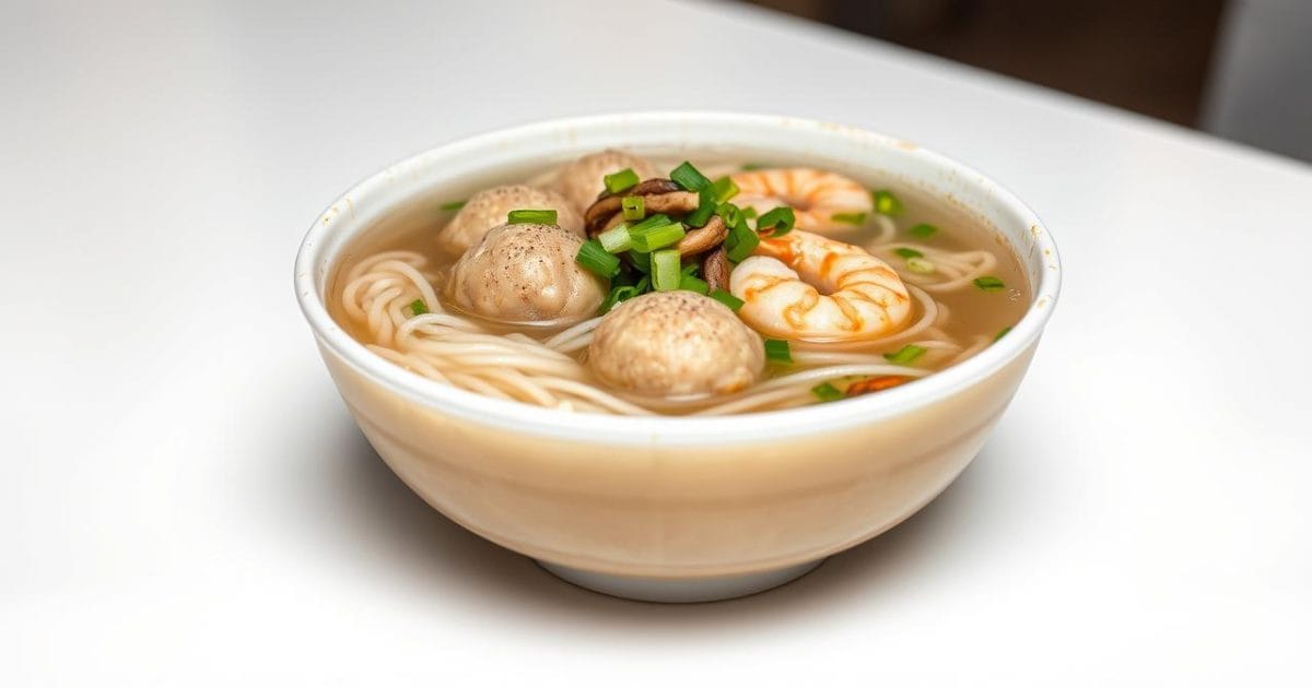Một tô bún mọc nóng hổi, được trình bày đẹp mắt với sợi bún dai ngon, những viên mọc tròn đều, nấm hương thơm lừng, hành lá xanh mướt và tiêu xay, thể hiện hương vị truyền thống của món ăn.