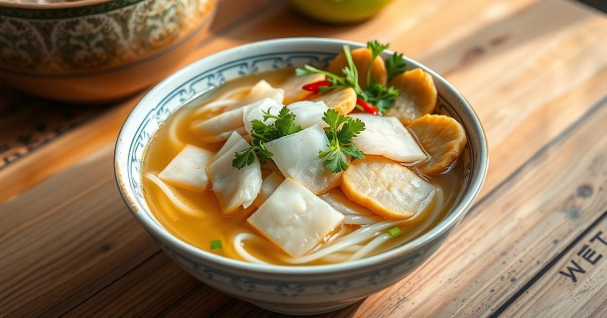 Một tô bún sứa Nha Trang nóng hổi, đầy màu sắc với sợi bún trắng, miếng sứa trong giòn sần sật, chả cá vàng ươm và nước dùng trong vắt, điểm xuyết hành lá, rau thơm tươi ngon.