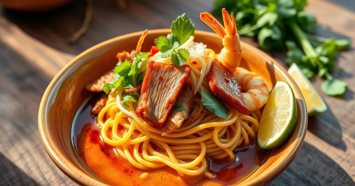 Một tô cao lầu Hội An chuẩn vị được trình bày đẹp mắt, nổi bật với sợi mì vàng óng, những lát thịt xá xíu đậm đà, tôm tươi săn chắc, rau sống xanh mướt, giá đỗ giòn thanh và bánh đa nướng giòn rụm, tất cả hòa quyện trong nước dùng cô đặc.