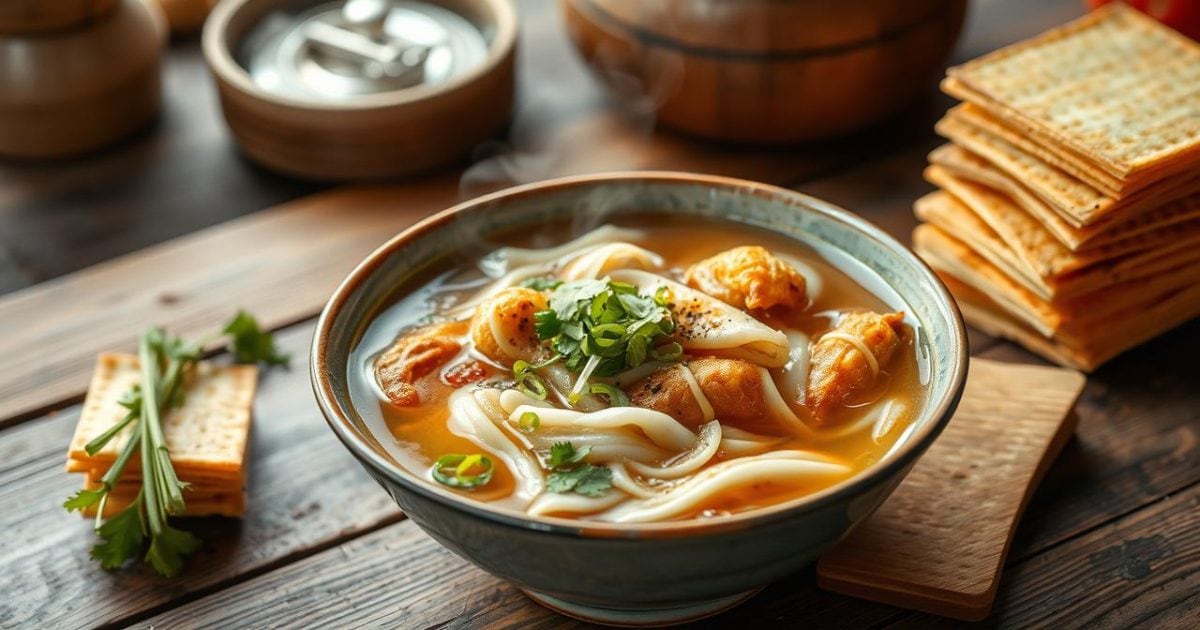 Một tô miến lươn chuẩn vị xứ Nghệ đang bốc khói nghi ngút, với những sợi miến dai giòn, thịt lươn chiên vàng ruộm và nước dùng trong vắt, đậm đà, được trang trí thêm hành lá, rau răm và ăn kèm bánh đa nướng giòn rụm, tạo nên một bữa ăn hấp dẫn khó cưỡng.