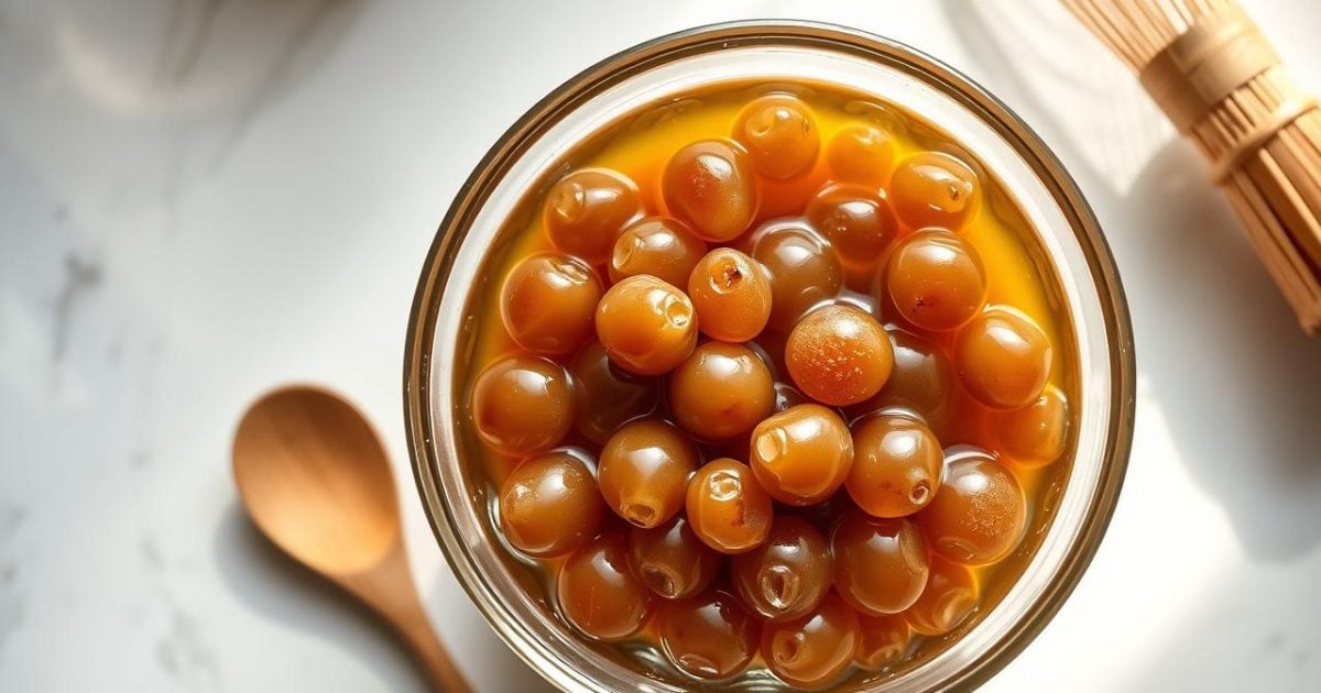 Những viên trân châu đen tròn mẩy, phủ một lớp sốt đường màu cánh gián bóng bẩy, được bày biện trong một chiếc tô thủy tinh trong suốt, tạo nên hình ảnh hấp dẫn và mời gọi.