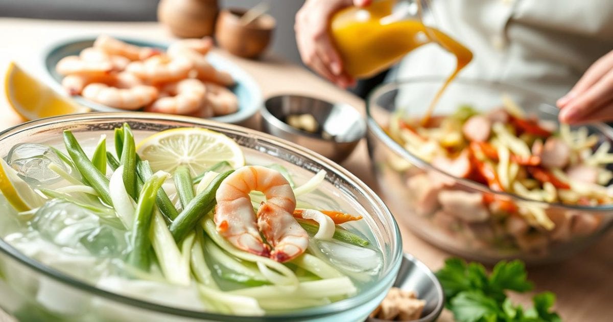 Quá trình sơ chế nguyên liệu tỉ mỉ, đảm bảo độ tươi ngon và giòn ngọt cho món gỏi ngó sen tôm thịt. Ngó sen được ngâm đá lạnh, tôm và thịt luộc chín tới, cùng các loại gia vị được chuẩn bị sẵn sàng cho bước trộn gỏi.