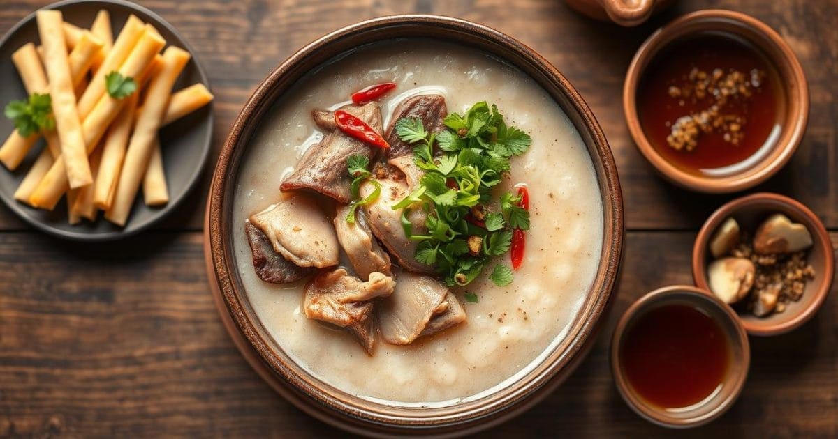 Tô cháo lòng nghi ngút khói, nóng hổi và đậm đà hương vị, được bày trí đẹp mắt trên nền bàn gỗ mộc mạc. Bên trên là các loại lòng heo thái lát vừa ăn, phủ đầy hành lá, rau răm, ngò gai xanh mướt, cùng chút tiêu xay và ớt tươi. Kèm theo là đĩa quẩy giòn và chén nước mắm gừng thơm lừng, tạo nên một bữa ăn dân dã mà hấp dẫn chuẩn vị Việt.