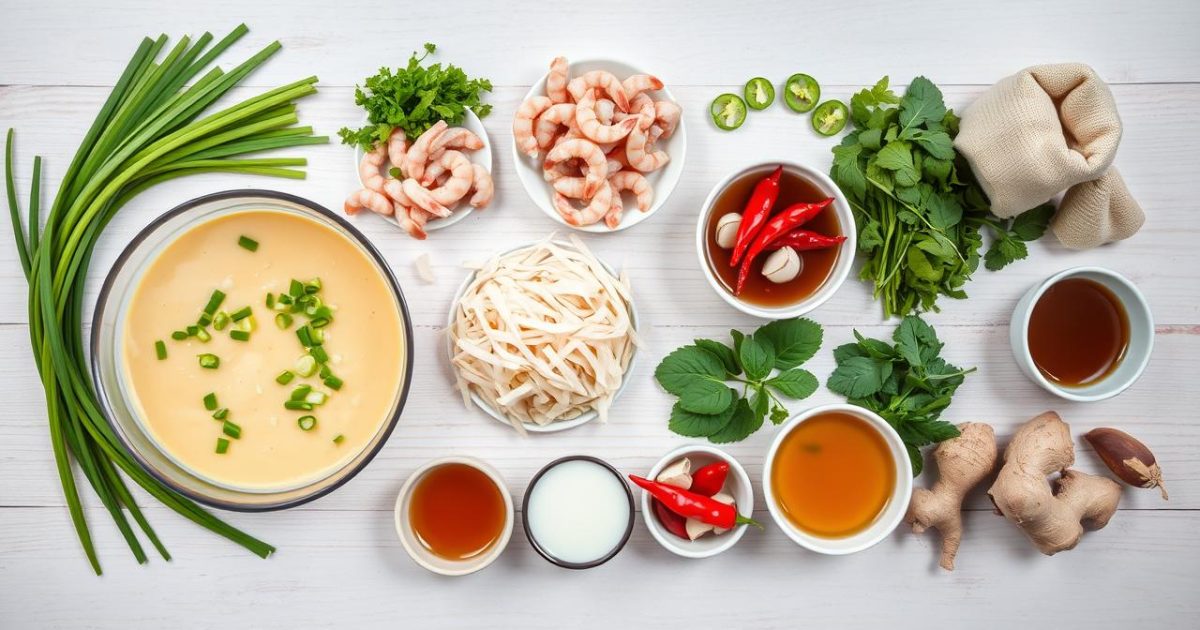 Tổng hợp các nguyên liệu tươi ngon và đầy đủ, được sắp xếp đẹp mắt trên bàn gỗ, sẵn sàng cho món bánh xèo miền Tây hấp dẫn. Bao gồm bột bánh, tôm, thịt ba chỉ, rau sống các loại, và các nguyên liệu làm nước chấm.