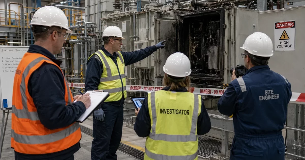 Accident investigators examining a burnt-out circuit