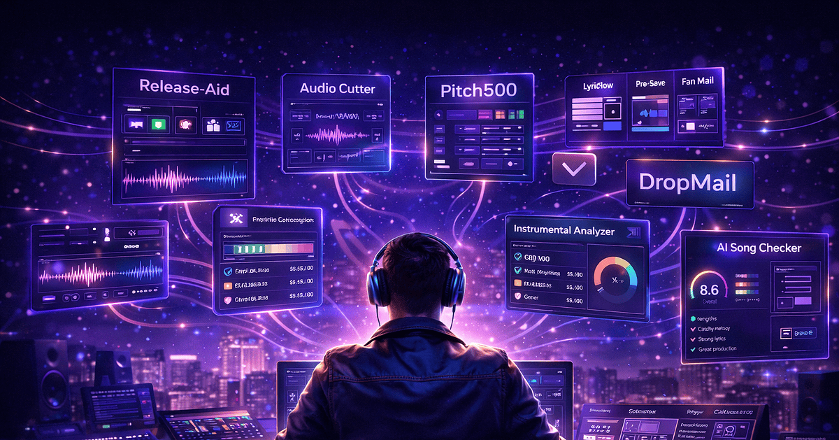 Independent musician using the Harment free artist toolbox in 2026 — release planning, Spotify pitch, AI song checker, royalty calculator and audio cutter