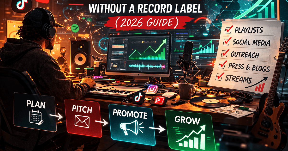 Independent musician planning a 2026 music promotion campaign with Spotify for Artists analytics, TikTok content calendar and playlist pitch emails on screen