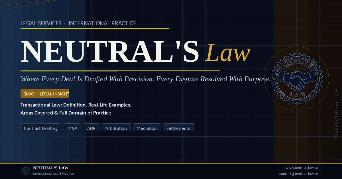 Neutral's Law blog cover image featuring the firm's official seal logo on a deep navy background with gold accents, titled Transactional Law — Definition, Real-Life Examples, Areas Covered and Full Domain of Practice, with service tags including Contract Drafting, M&A, ADR, Arbitration, Mediation and Settlements, published by Neutral's Law International Legal Practice and Business and commercial transactions handling by transactional lawyer at neutralslaw.com