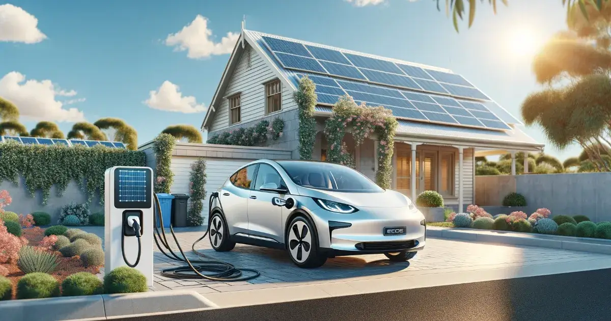 An image of an electronic vehicle, parked outside this solar powered house