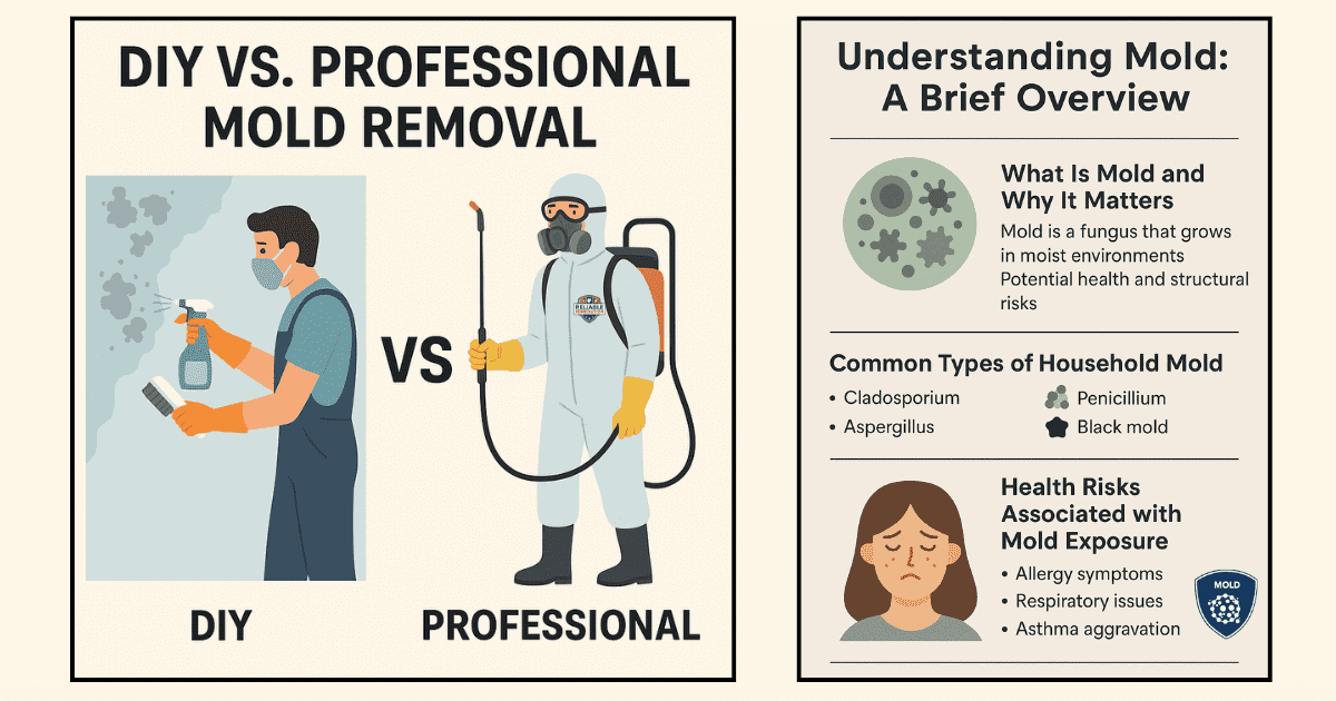 Side-by-side infographic comparing DIY vs. professional mold removal.