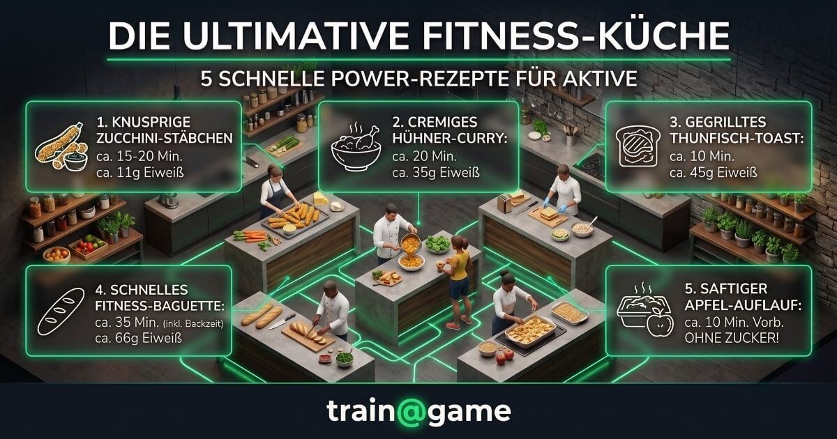 Infografik 'Die ultimative Fitness-Küche' von train@game im modernen Tech-Design. Eine isometrische Küche mit fünf Kochstationen zeigt Köche bei der Zubereitung von fünf schnellen Power-Rezepten (Zucchini-Stäbchen, Hühner-Curry, Thunfisch-Toast, Fitness-Baguette, Apfel-Auflauf) mit Zeit- und Eiweißangaben in leuchtend grünen Info-Kacheln.