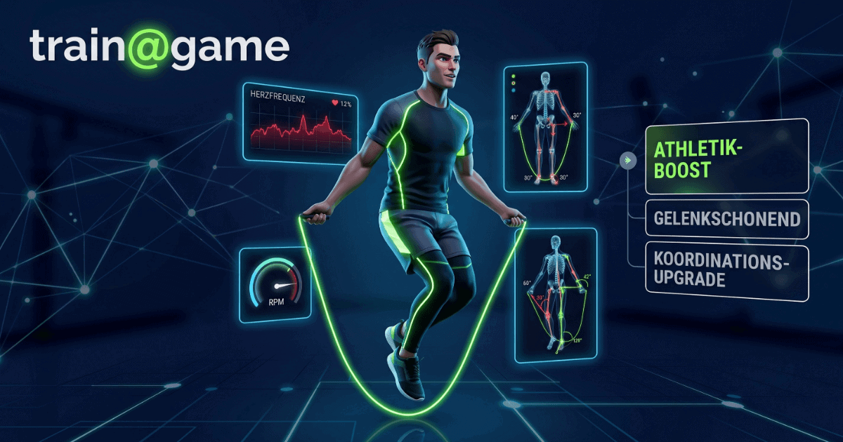 Eine futuristische, digitale Trainings-Benutzeroberfläche, die einen athletischen Mann beim Seilspringen zeigt. Der Mann trägt moderne Sportkleidung mit leuchtenden neongrünen Akzenten und springt auf einem Lichtkreis, wobei das Springseil selbst eine leuchtende neongrüne Linie ist. Er ist von schwebenden holografischen Bildschirmen umgeben. Oben links ist das „train@game“-Logo zu sehen, darunter ein Bildschirm mit „HERZFREQUENZ“, einer Grafik und „124“ bpm. Unten links ist eine „RPM“-Anzeige. Mitte rechts zeigen detaillierte Skelett-Hologramme biomechanische Daten und Gelenkwinkel an. Drei gestapelte Textkacheln daneben listen „ATHLETIK-BOOST“, „GELENKSCHONEND“ und „KOORDINATIONS-UPGRADE“ auf. Der Hintergrund ist ein dunkler Raum mit einem leuchtenden geometrischen Netzwerk aus Linien und Knoten in Neongrün und Blau, das an einen Cyberspace erinnert.