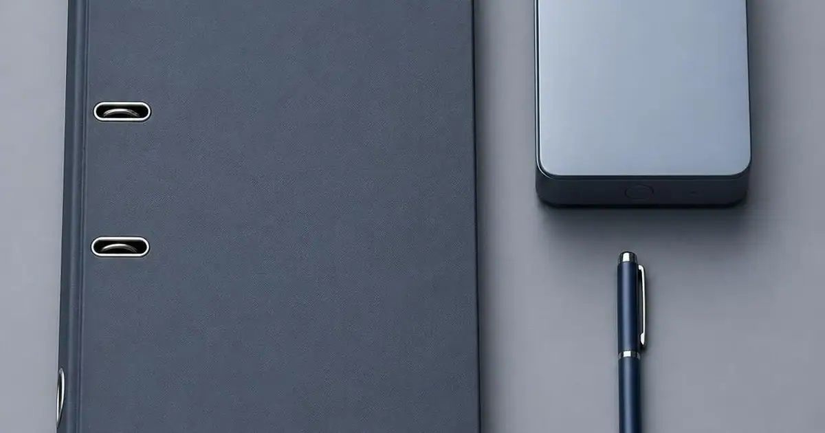 A closed blank ring binder, a generic device and a pen arranged on a cool grey desk