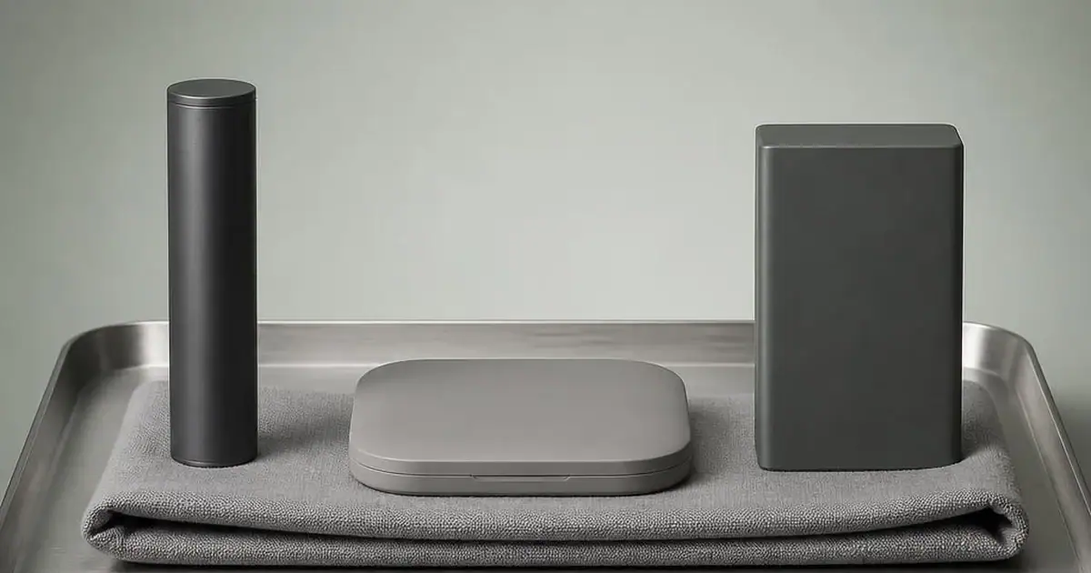 Three differently shaped unbranded devices on a brushed metal tray with a folded cloth