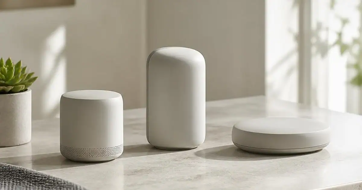 Three generic unbranded devices of different shapes spaced along a pale stone counter with a small plant