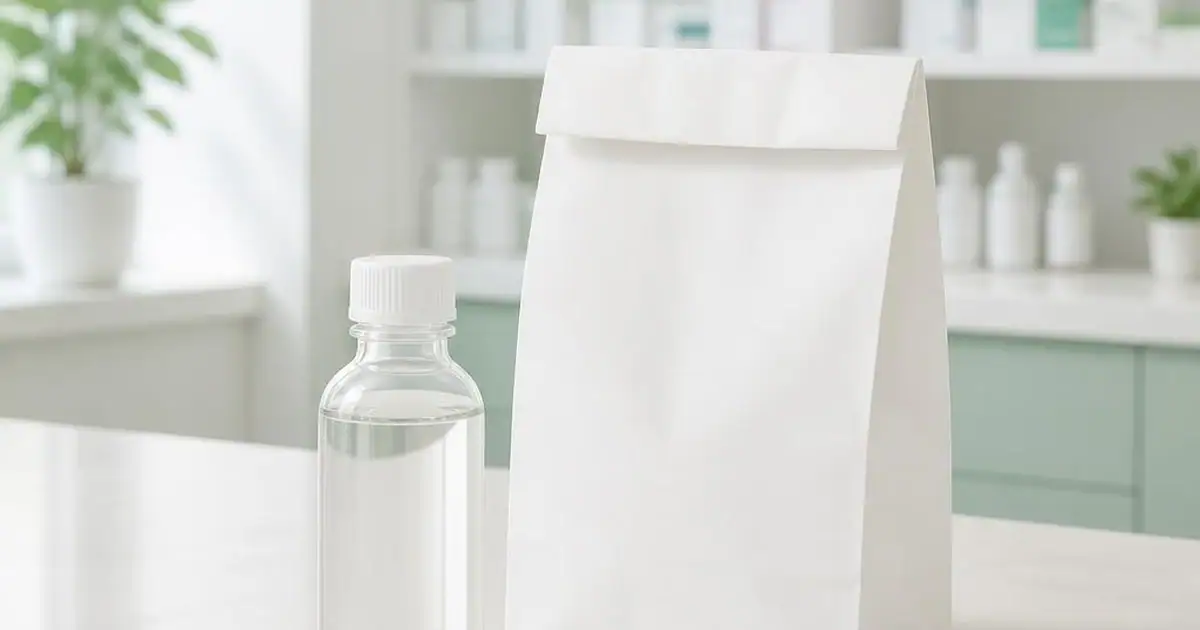 An unlabelled bottle of e-liquid beside a plain pharmacy paper bag on a bright counter