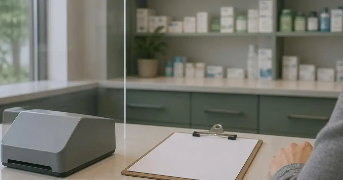 A plain unbranded device and a blank clipboard on a pharmacy counter with a dark-sleeved hand at the frame edge