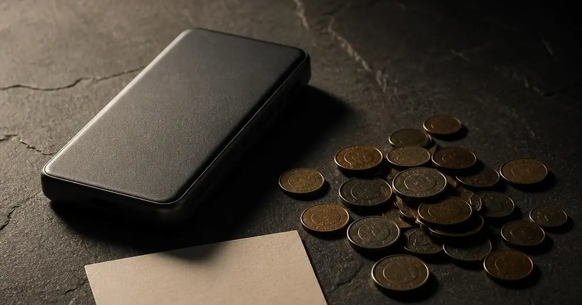 A generic device beside scattered loose coins and a blank price card on a dark table