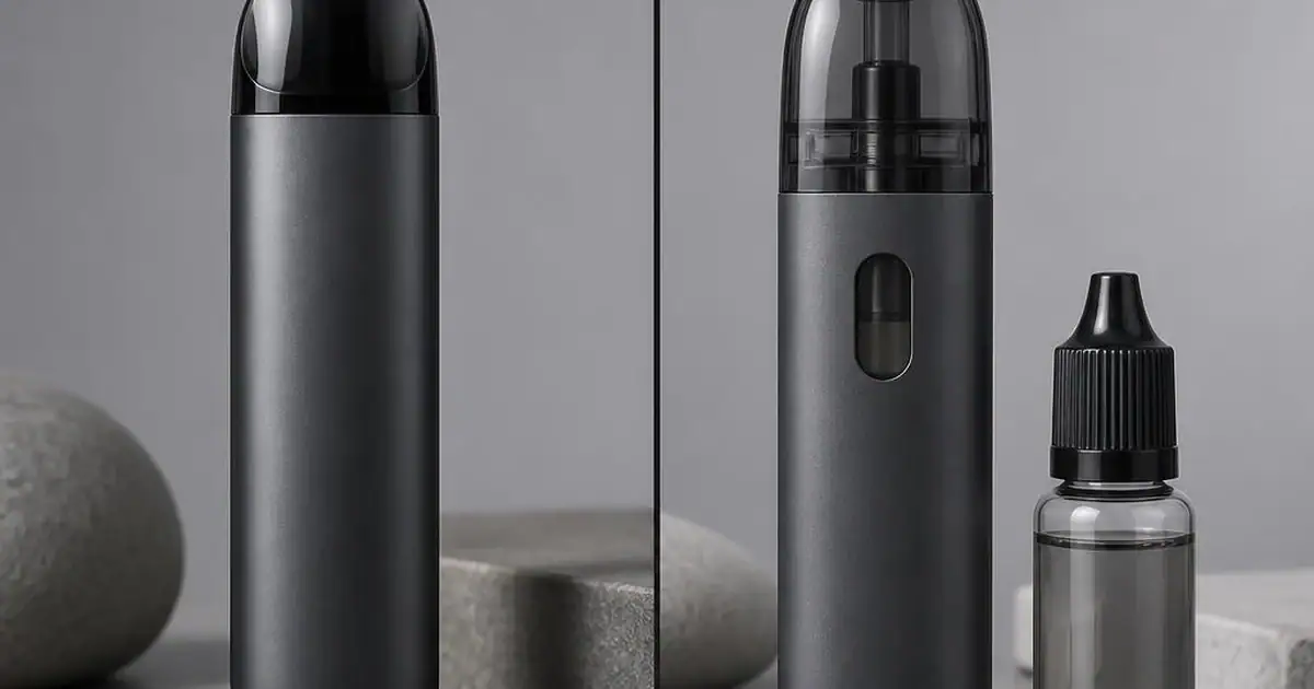 A sealed generic device on the left and a refillable device with a small bottle on the right, divided by a thin seam