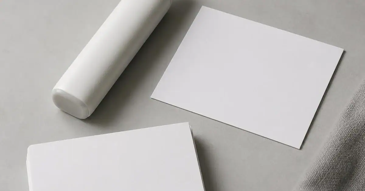 A generic disposable device beside a blank specification card and a stack of index cards