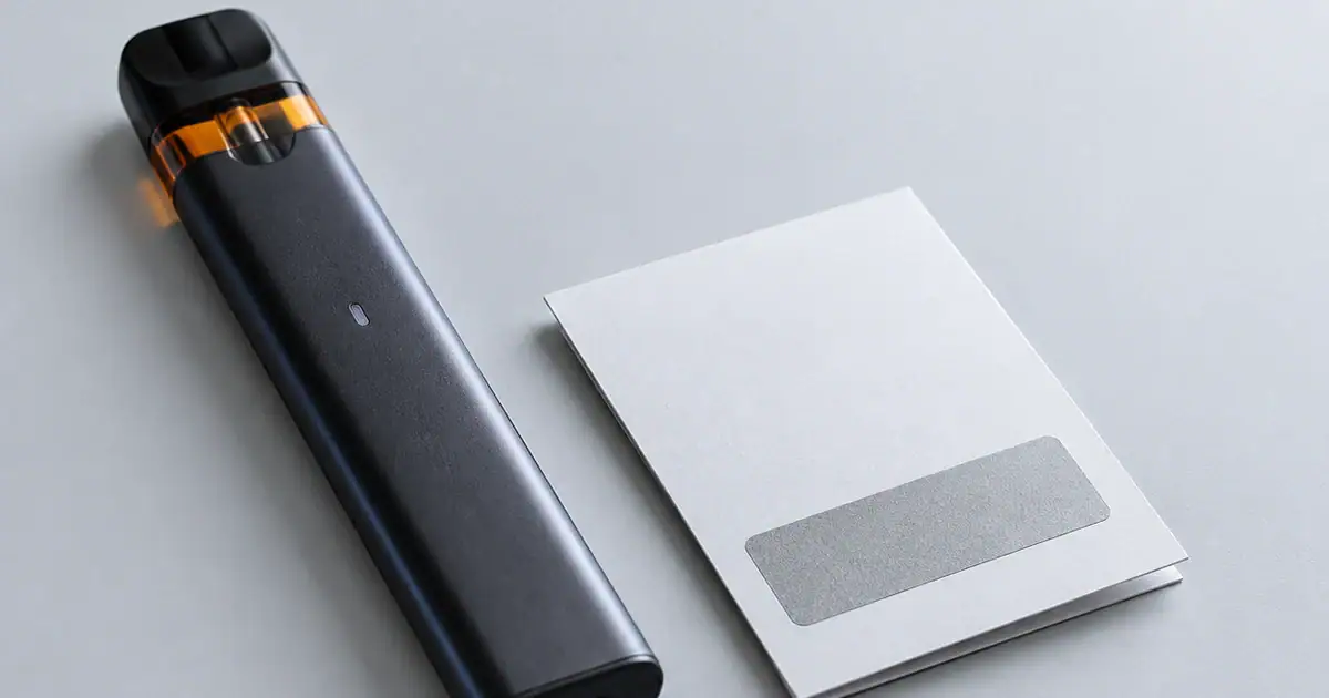 A generic matte-black rectangular vape device beside a plain authenticity card on a pale grey studio surface under cool rim light