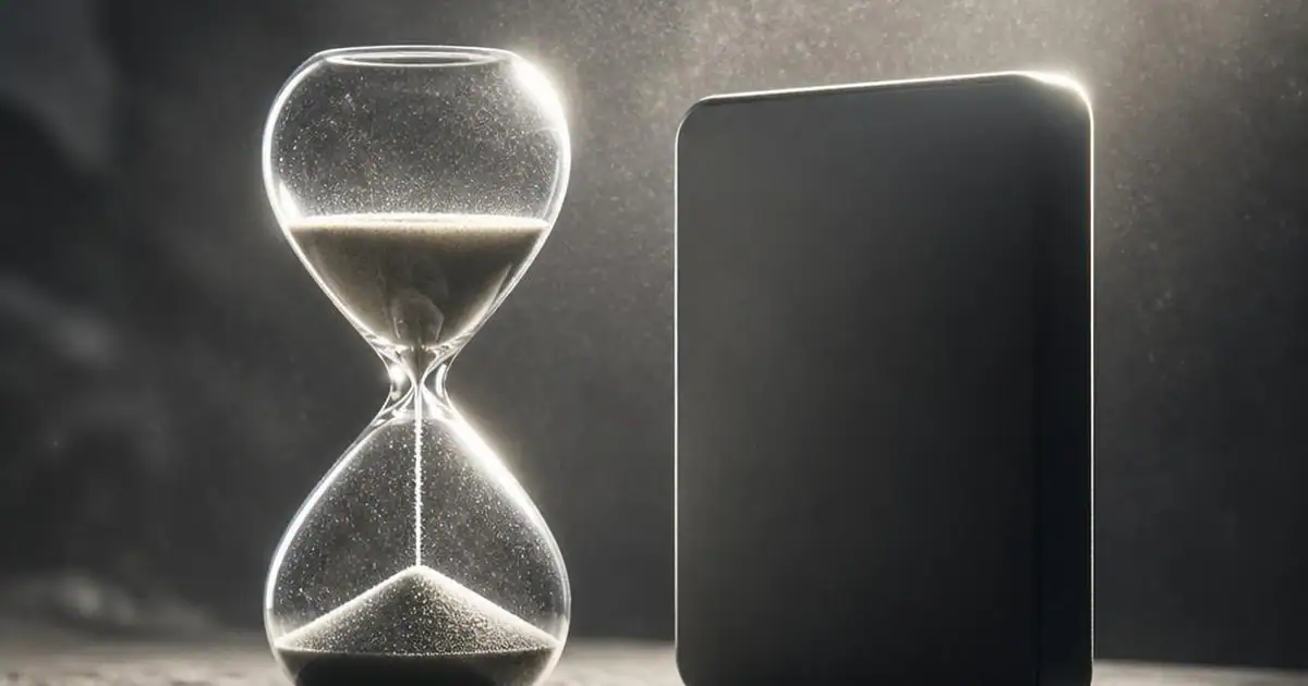 An hourglass beside a generic device on a dark surface under strong backlight