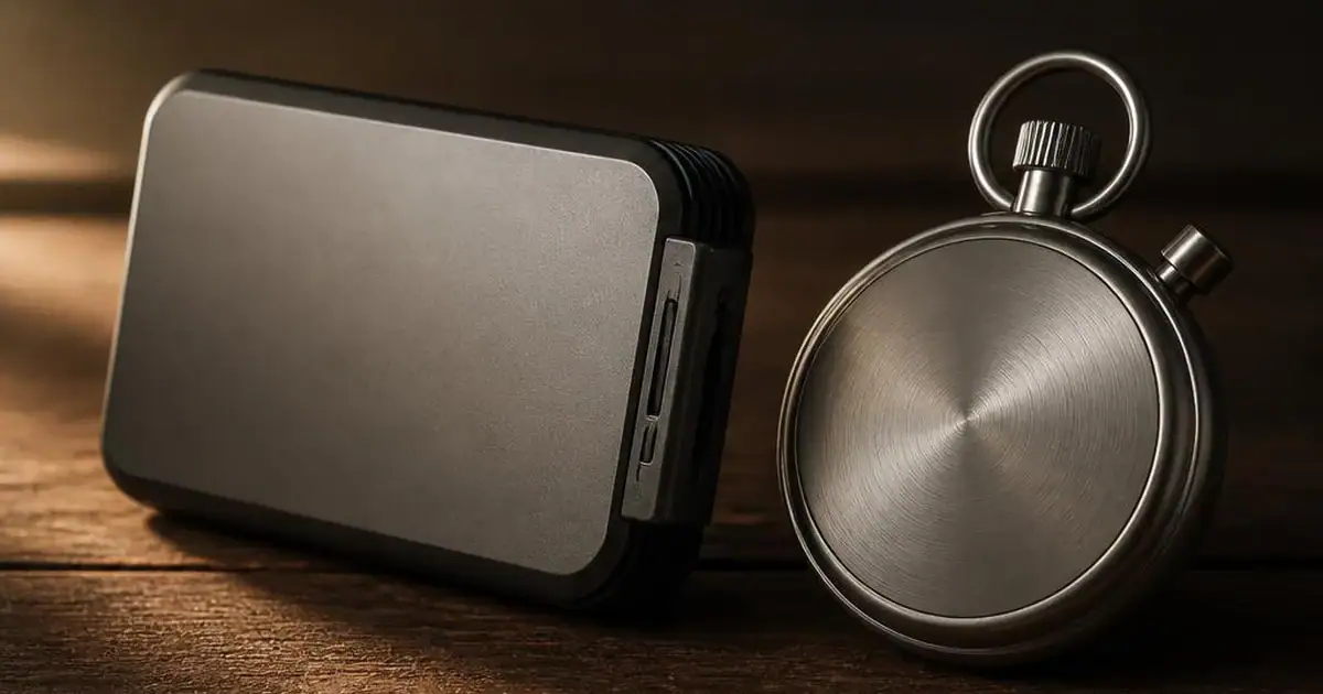 A generic device on its side beside a metal stopwatch on a dark table
