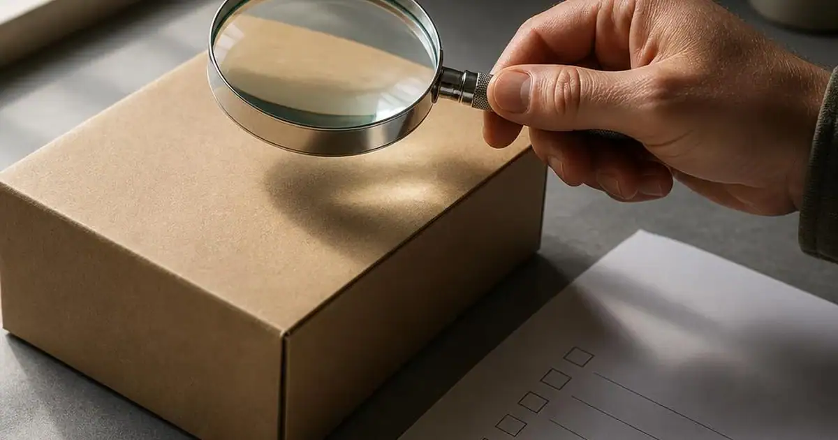 A hand holding a magnifying glass over a plain unbranded box beside a blank checklist