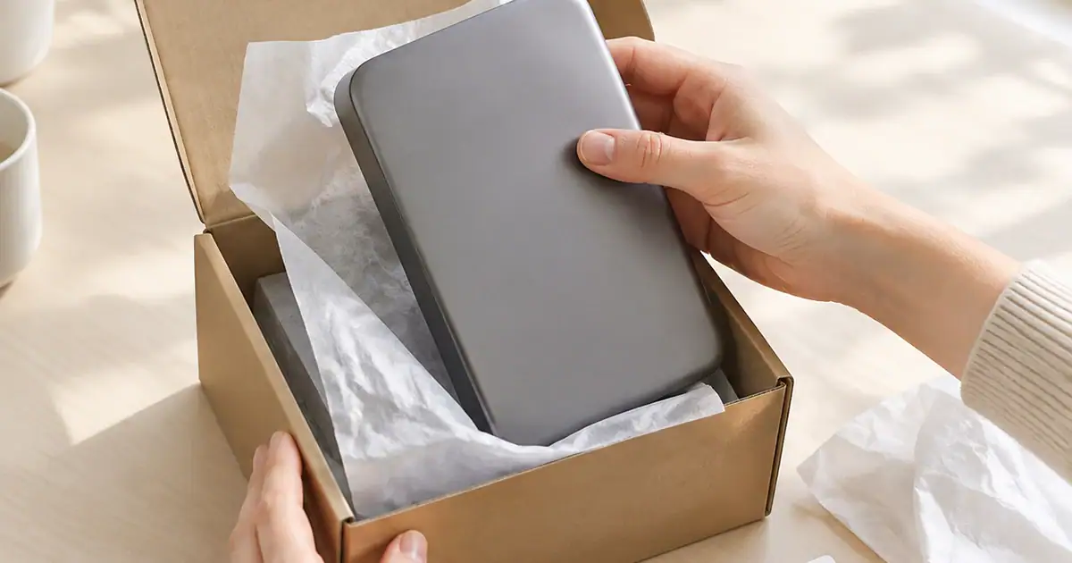 A hand lifting a plain device from an unprinted cardboard box on a desk