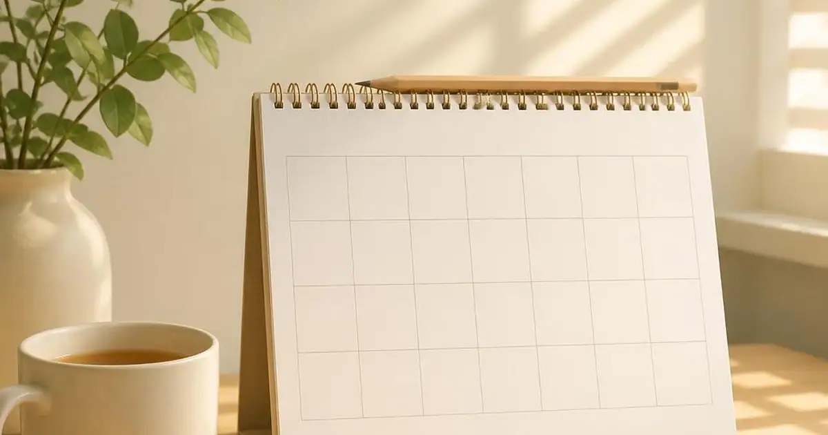 A blank calendar, a cup of tea and a pen on a calm sunny table