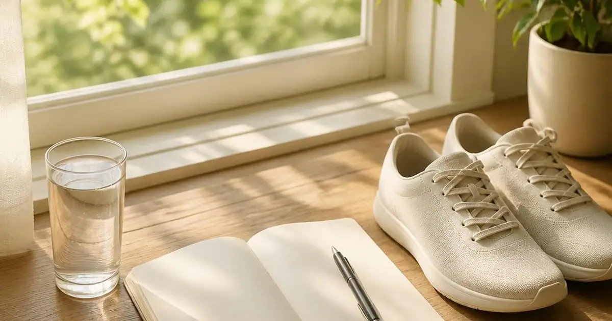 A glass of water, a blank notebook and trainers on a sunlit windowsill