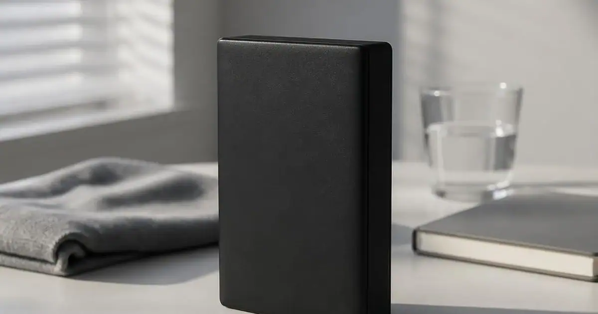 A generic matte-black device standing on a pale studio table with a glass of water and a notebook behind it