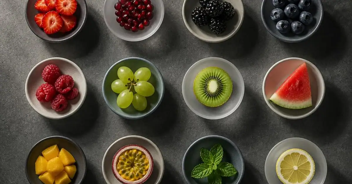 Twelve equal ceramic and glass dishes arranged in a grid on a charcoal surface, each holding a different fresh fruit element or herb