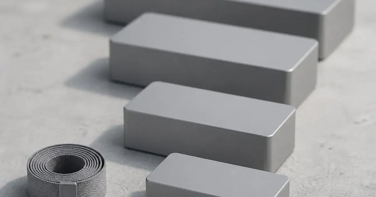 Four generic unbranded devices of increasing size in a shallow arc on concrete beside a rolled measuring tape