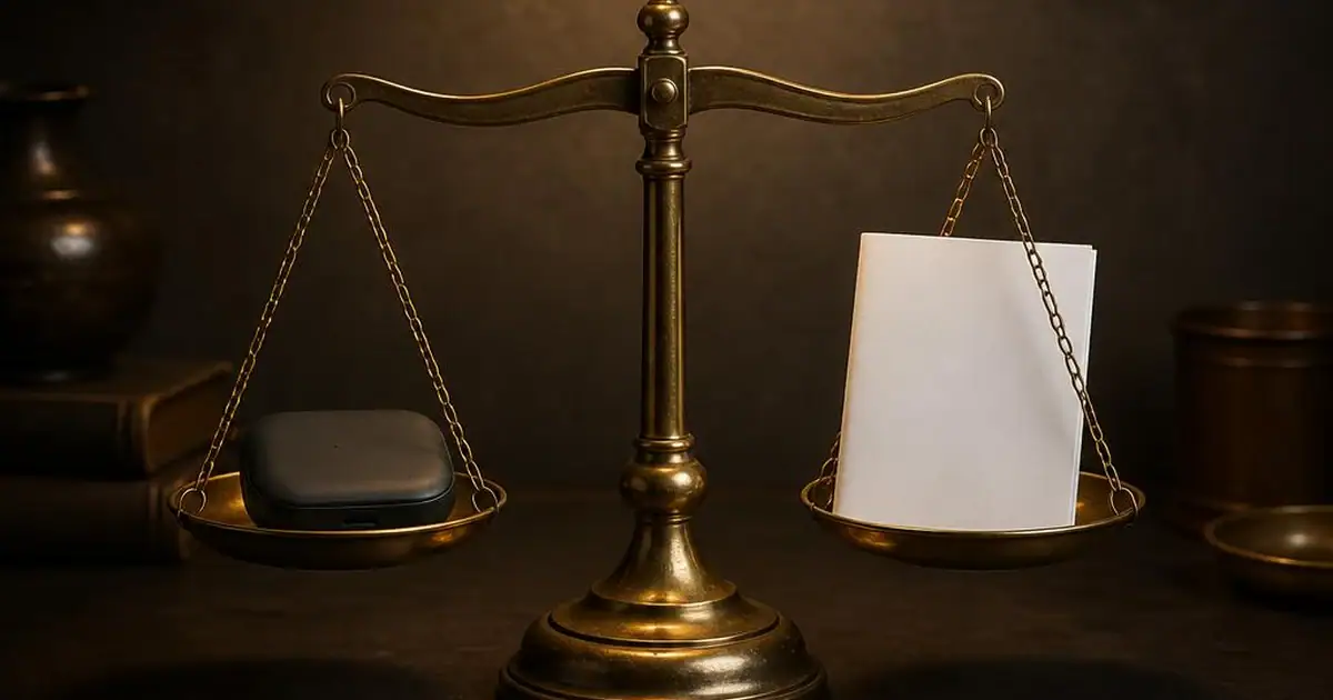 A small brass balance scale holding a generic device on one pan and a blank document on the other